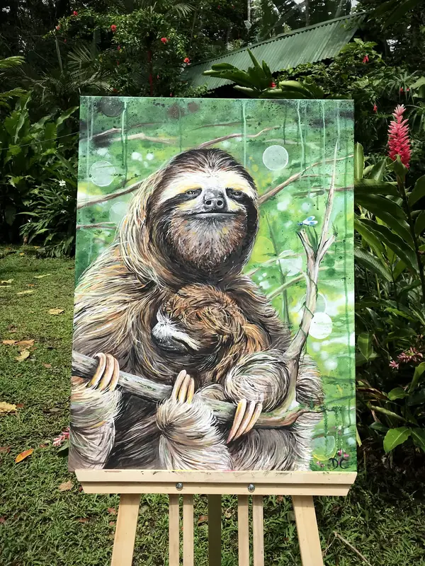 Sloth with her baby, painting on the easel by Damián Calandra