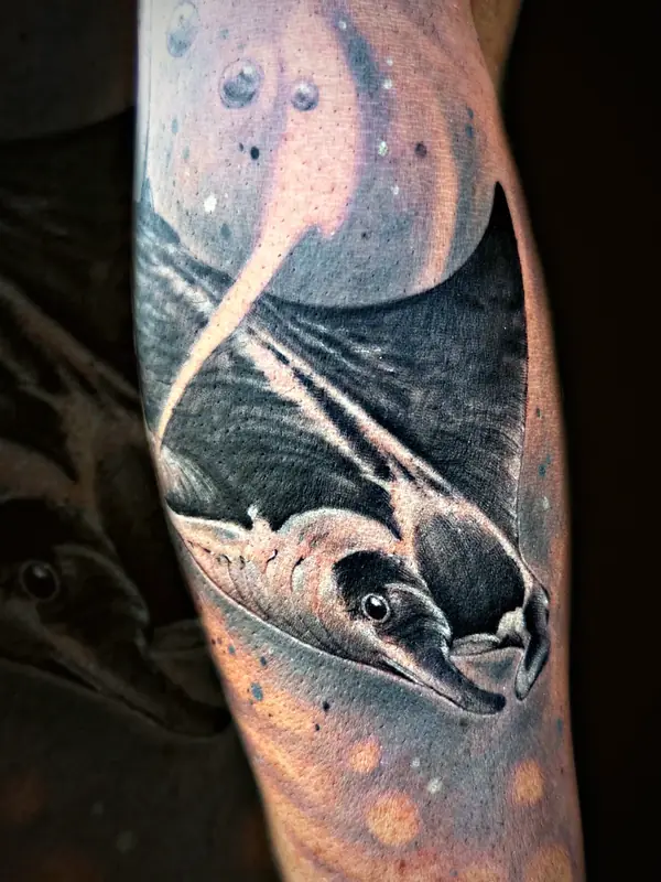 Manta ray and moon tattoo by Damián Calandra