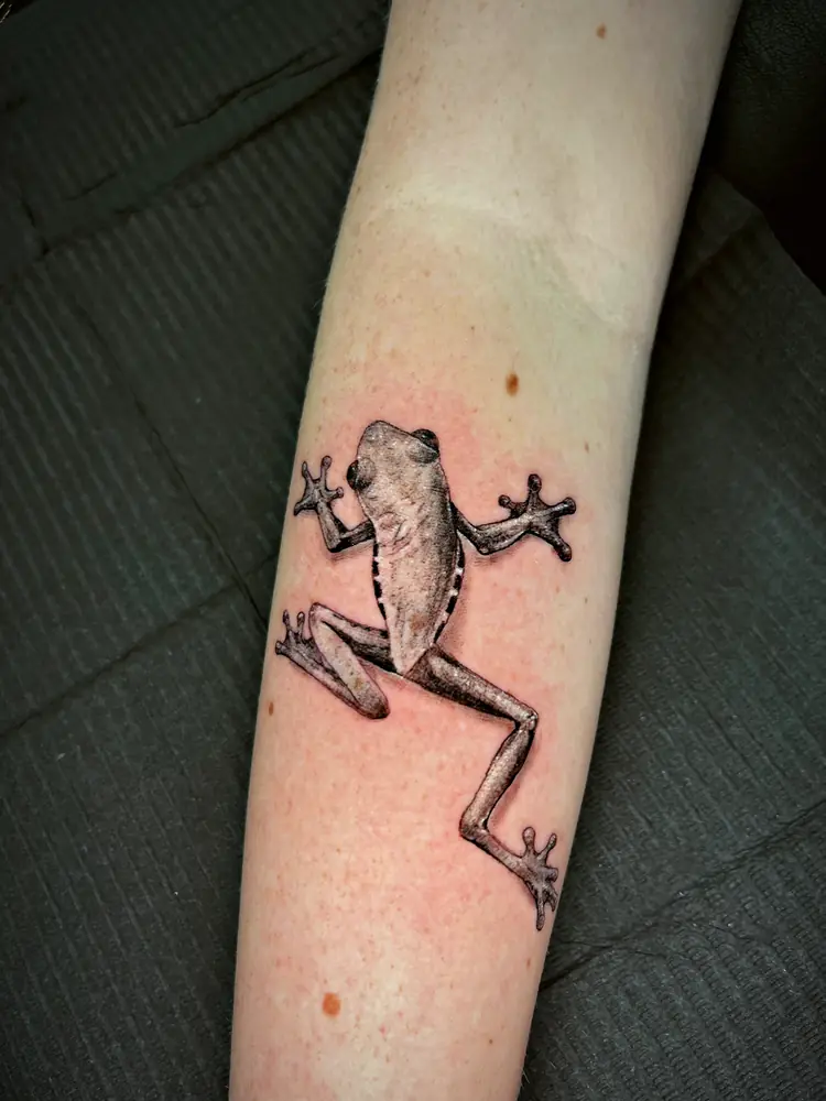 Tree frog tattoo by Damián Calandra