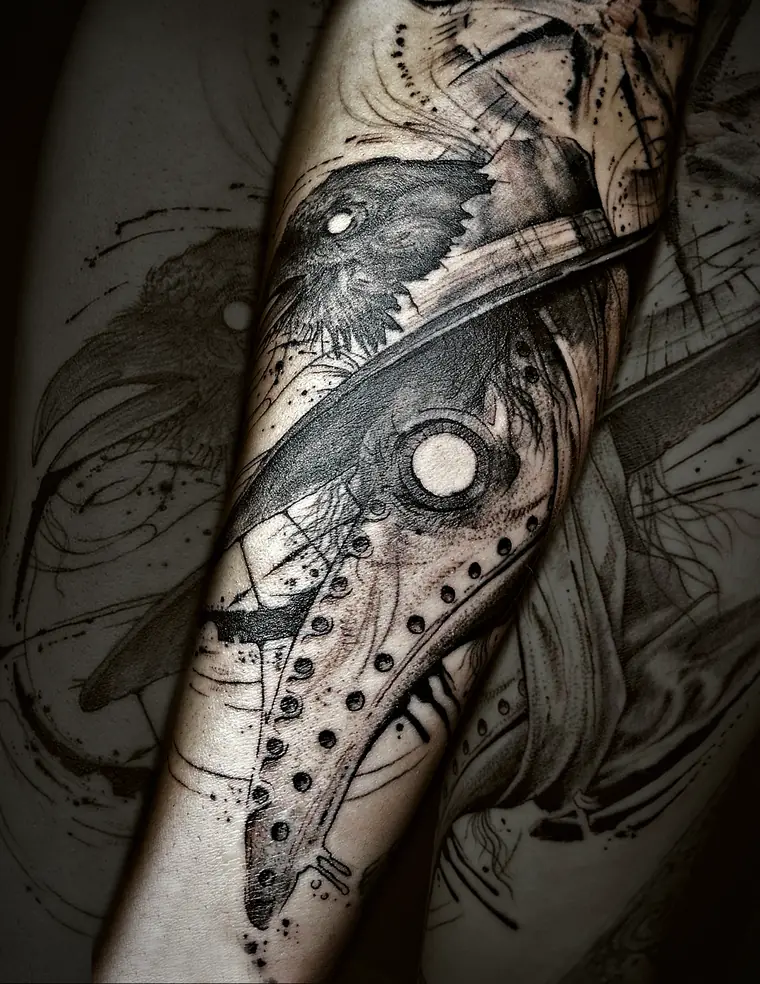 Bird in an abstract composition tattoo by Damián Calandra