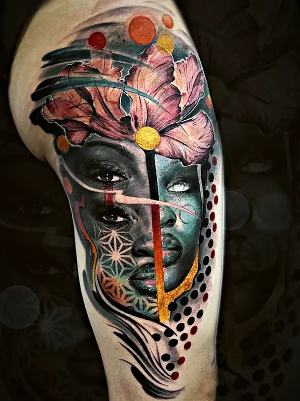 Woman's face with flower and abstract strokes tattoo by Damián Calandra