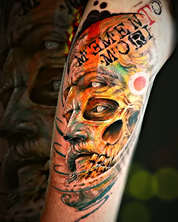 Skull face with Memento Mori tattoo by Damián Calandra
