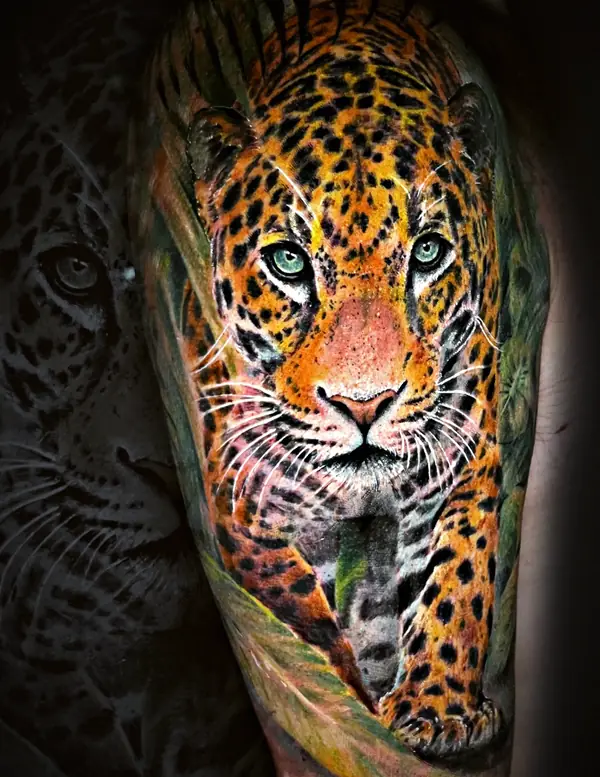 Jaguar portrait tattoo by Damián Calandra