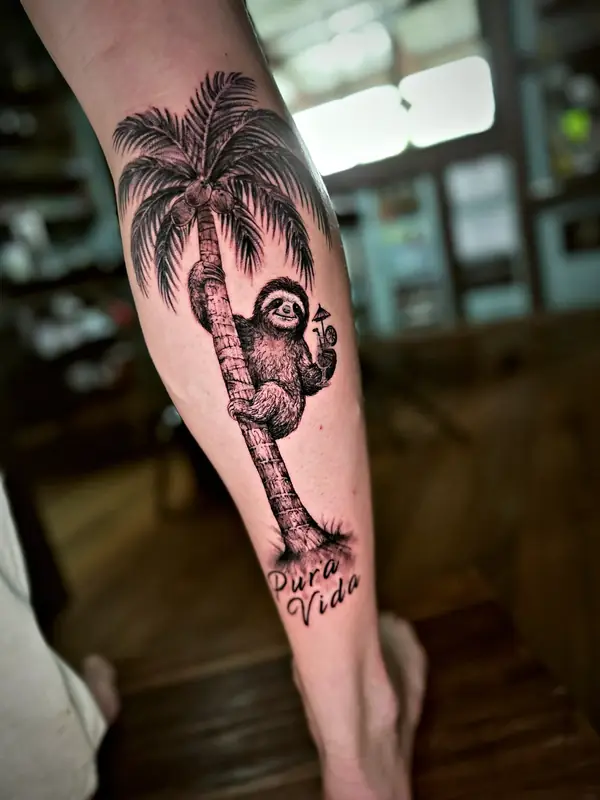 Sloth on a palm tree with Pura Vida tattoo by Damián Calandra