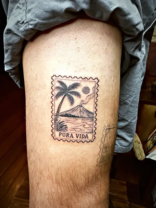 Postage stamp with palm, volcano and Pura Vida tattoo by Damián Calandra