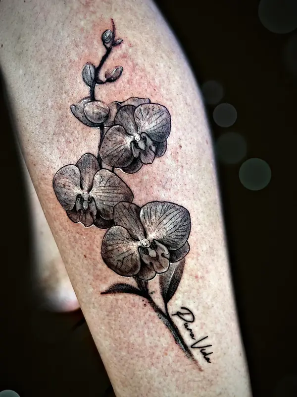 Orchid branch with Pura Vida tattoo by Damián Calandra