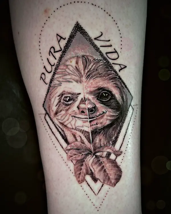 Sloth in a geometric Pura Vida frame tattoo by Damián Calandra
