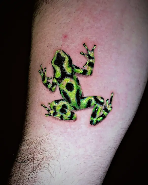 Green and black poison dart frog tattoo by Damián Calandra